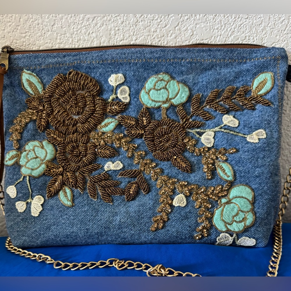 Embroidered Appliquéd Denim bag shoulder/Crossbody Bag-Floral Beaded Upcycled